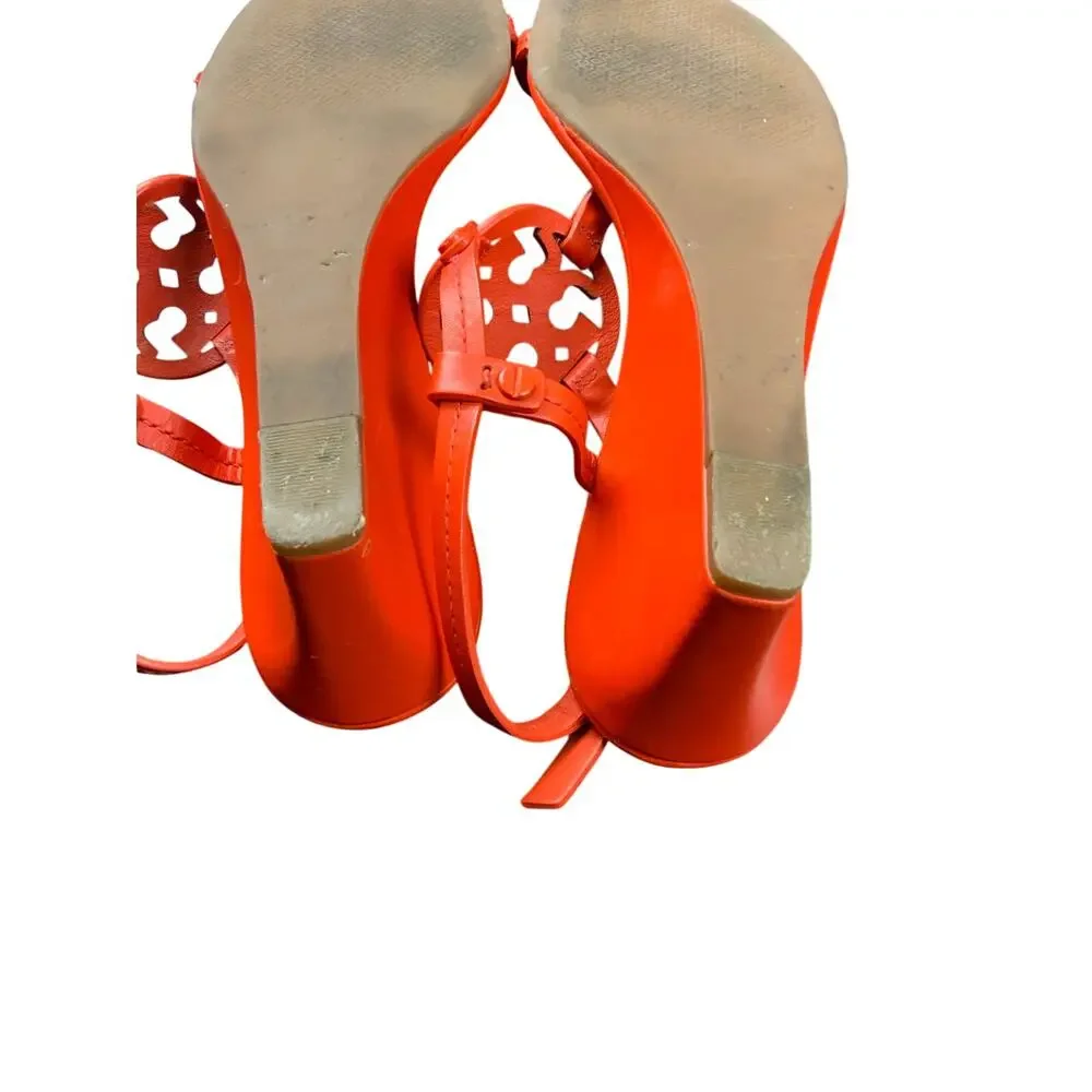 Tory Burch Women’s Orange Leather Logo Medallion T-Strap Wedge Sandals Size 8.5M